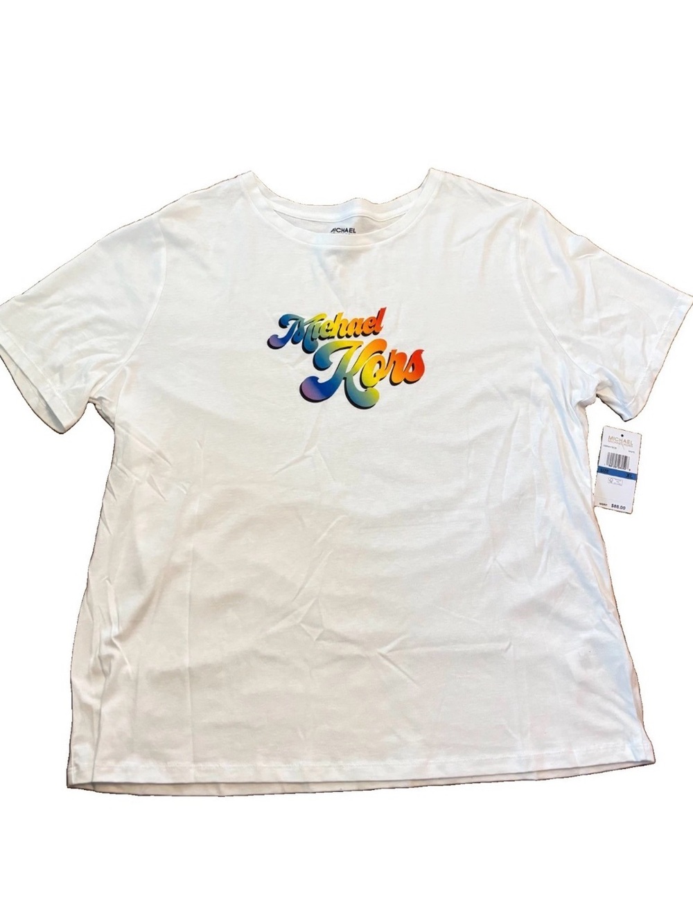 Michael Kors Women’s White Tee with Rainbow Script Logo